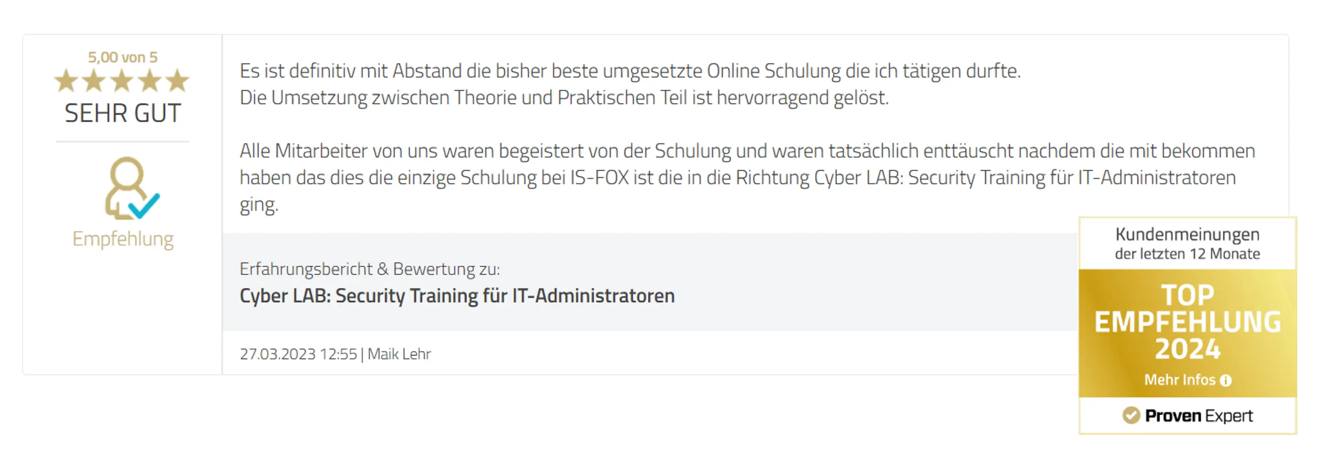 Cyber Security Schulung LAB Administratoren Kundenfeedback
