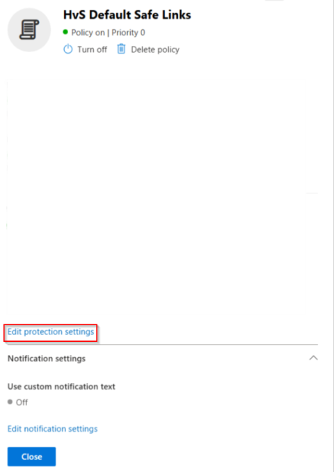Screenshot Safe Links Policy, edit protection settings